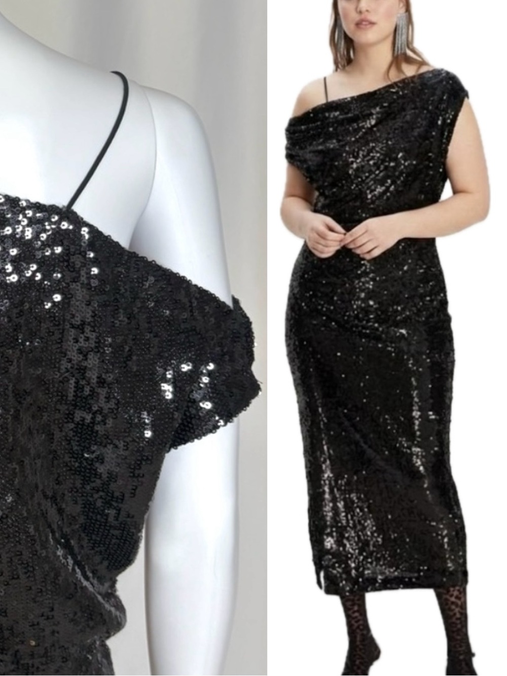zara Woman Black Sequin Midi Dress Size XL Draped One Shoulder Evening Cocktail